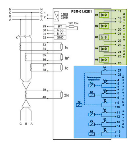 Схема подключения внешних цепей к устройству РЗЛ-01.02К1