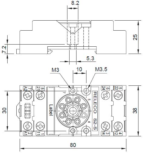 Габаритная схема розетки Releco S2-S для С2 реле