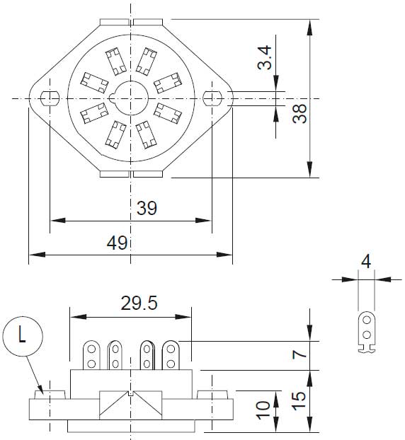 Габаритная схема розетки Releco S2-L для С2 реле