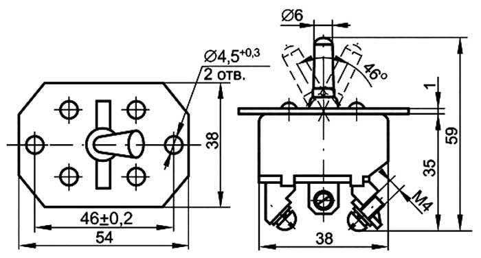 Габаритные и установочные размеры переключателей 2ППН-45