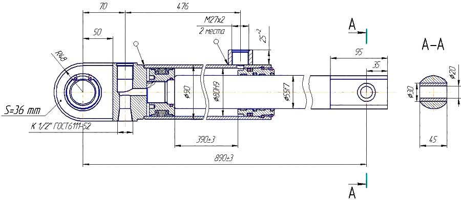 Конструктивная схема гидроцилиндра ЦГ-80.56.390