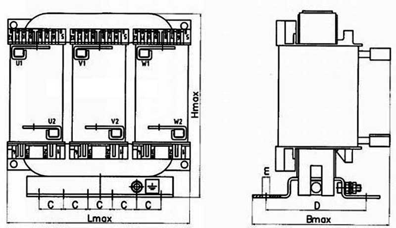 Габаритная схема трехфазного дросселя ДРТ-4.5